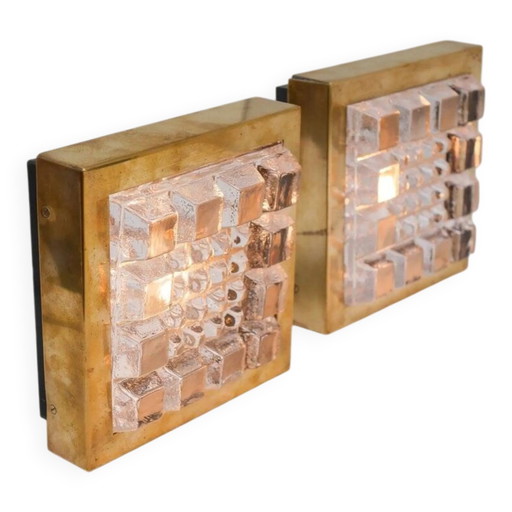 Appliques murales suédoises de style brutaliste en verre et laiton de Falkenbergs Belysning, lot de 2