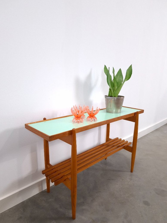Table d'appoint vintage en bois avec plateau en Formica vert menthe – Tables d'appoint, Wood, Plastic (photo 4 of 13)