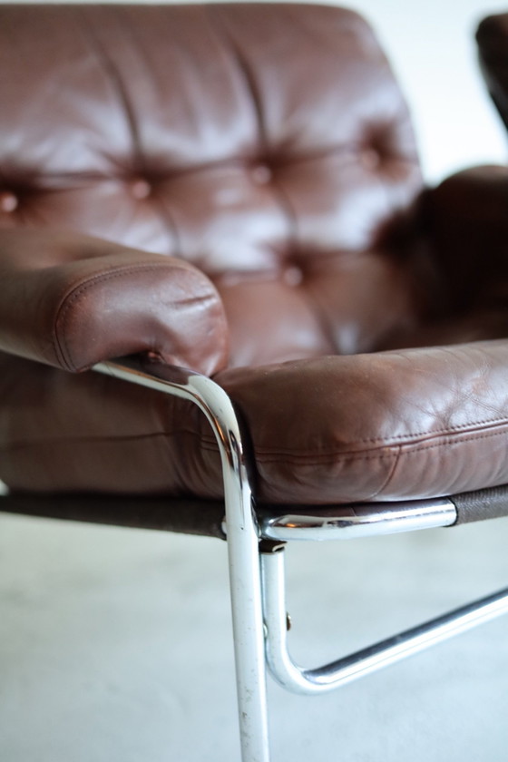 Set of 2 vintage Armchairs model ‘Eva’ Lindl&ouml;fs M&ouml;bler 1960s, Lindlöfs Möbler, Chrome, Leather (photo 7 of 9)