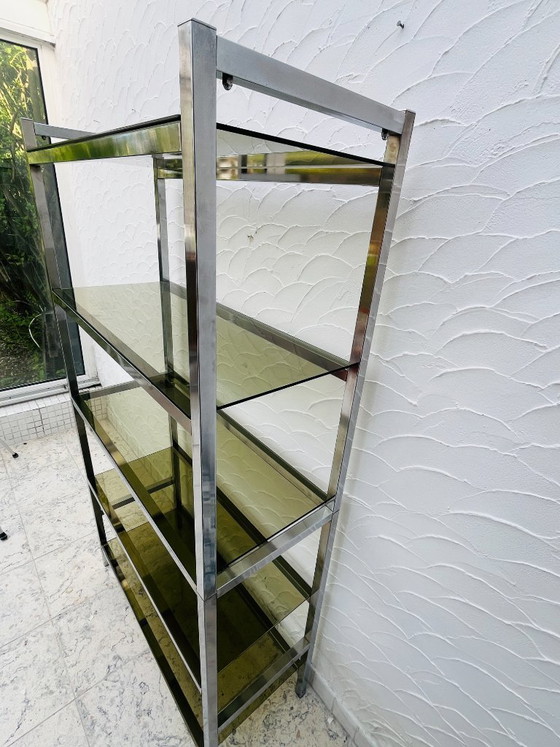 Image 1 of Mensola vintage di design italiano in cromo e vetro fumé degli anni '70.