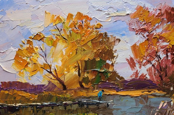 Original Oil Painting Nature Landscape On The Autumn River – Paintings & Drawings, Canvas (photo 4 of 7)