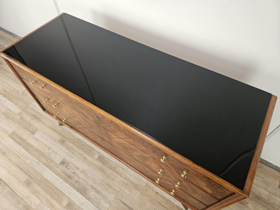 Image 1 of 1950s chest of drawers with glass top, maple workmanship and brass knobs