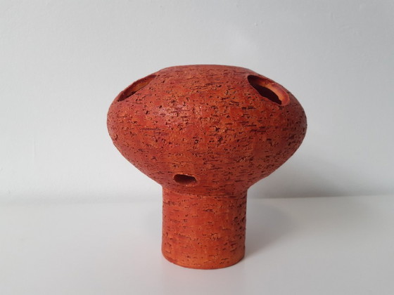 Image 1 of Keramieken vintage tafellamp, chamotte klei, oranje brutalist aardewerken mcm lamp