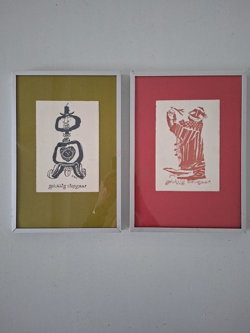 2 litografie Cartoline di Capodanno opera grafica Jan van Heel anni '50