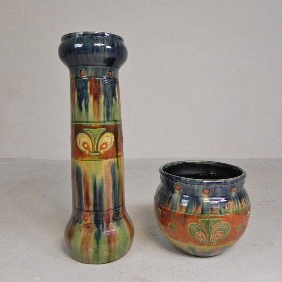 Image 1 of Flemish flowerpot on pedestal, ceramic, 1920s