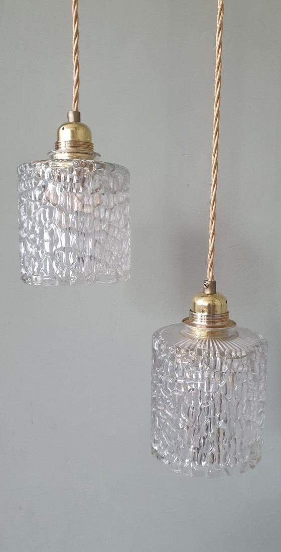 Image 1 of Set van 2 Vintage hanglampen - crackle glass - textuur - midcentury design