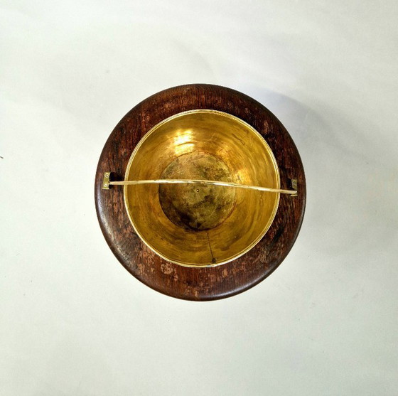 Image 1 of Antieke houten jardinière standaard met messing inzetstuk – plantenhouder in Victoriaanse stijl