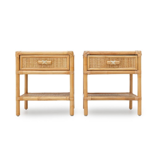 Paire de tables de chevet en osier tressé, années 1980