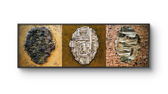 Image 1 of Facial Variations –  3 Wandobjecten met Reliëf, Linnen en Drijfhout ( ieder item 60 × 60 × 4 cm)