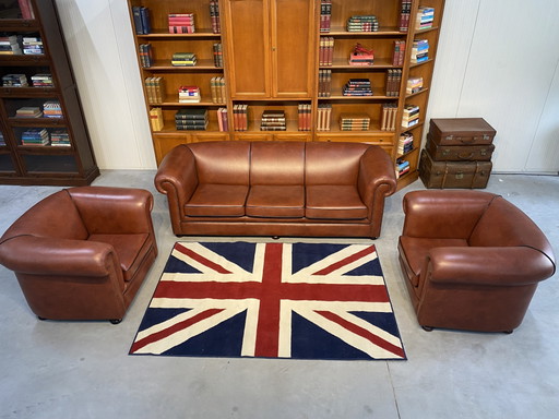 Springvale Chesterfield 3+1+1+ voetenbank bruin leer met zwarte bies – banken, Leather, Wood