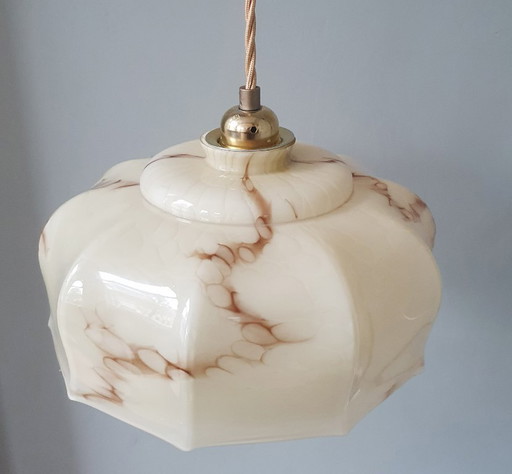 Vintage Art Deco beige marbled opaline glass pendant lamp.