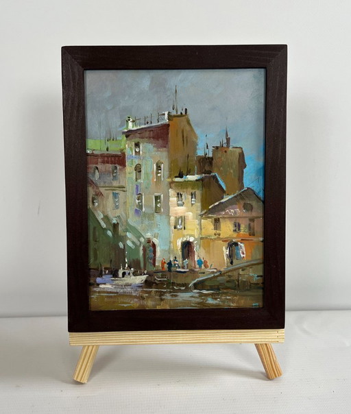 Original Oil Painting Gray City Landscape Shadows of a City Street