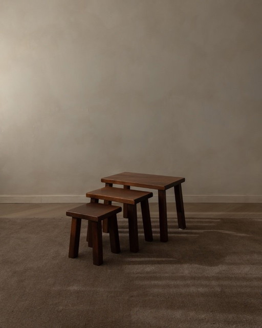 Vintage Brutalist Solid Oak Nesting Tables (Set of 3) – Dutch, 1970s