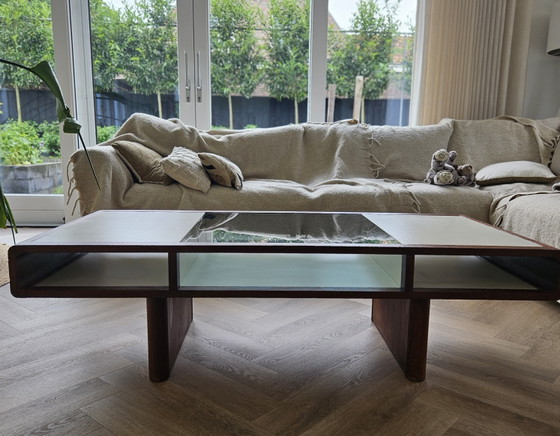 Image 1 of Unique Vintage Coffee Table with Wood and Smoked Glass