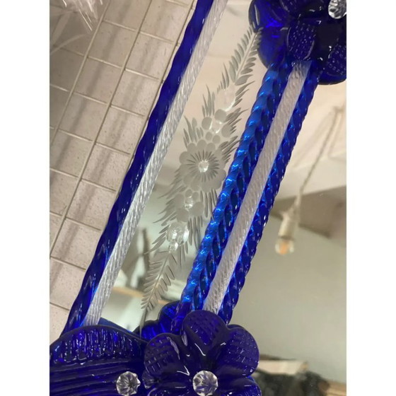 Image 1 of Eleganter achteckiger Spiegel aus italienischem Muranoglas mit blauen floralen Schnitzereien
