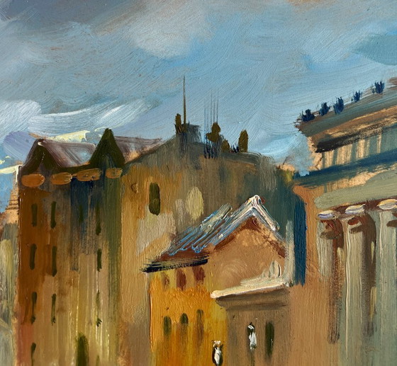 Image 1 of Original Oil Painting Gloomy City Landscape The heart of the city above the river
