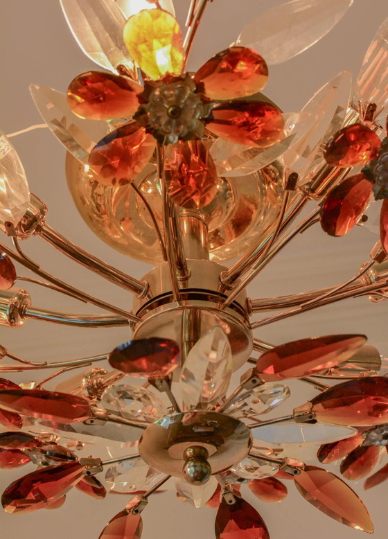 Large Amber Crystal Flower Chandelier, Maison Baguès Style, 8-Light, 1970s – Glass, Mid Century Modern (photo 9 of 10)
