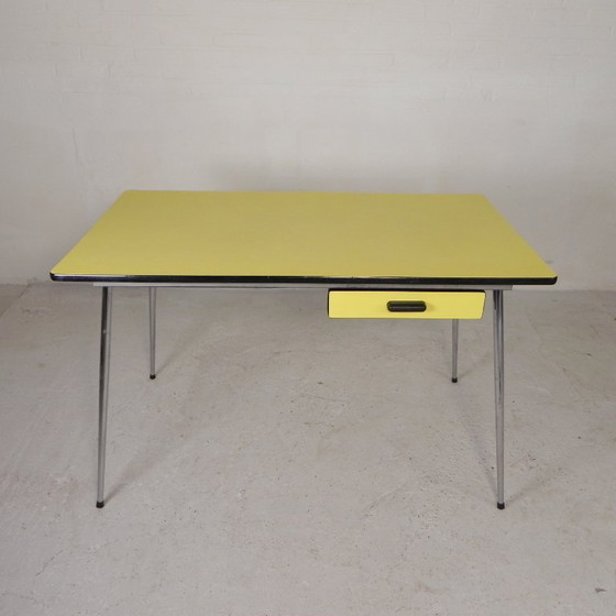 Vintage Formica table, desk with 2 drawers 1950s, Metal, Wood, Yellow (photo 8 of 15)