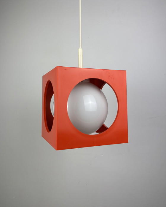 Image 1 of Space Age Ceiling Lamp, Richard Essig, Orange Minimalistic Cube Design, 1970s, Retro-Futuristic Lamp, Germany, Sputnik Design