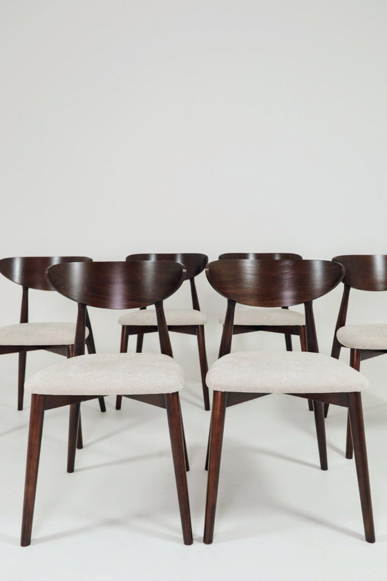 Image 1 of Set moderno di 6 sedie da pranzo, in tessuto ecru e legno di faggio noce scuro.