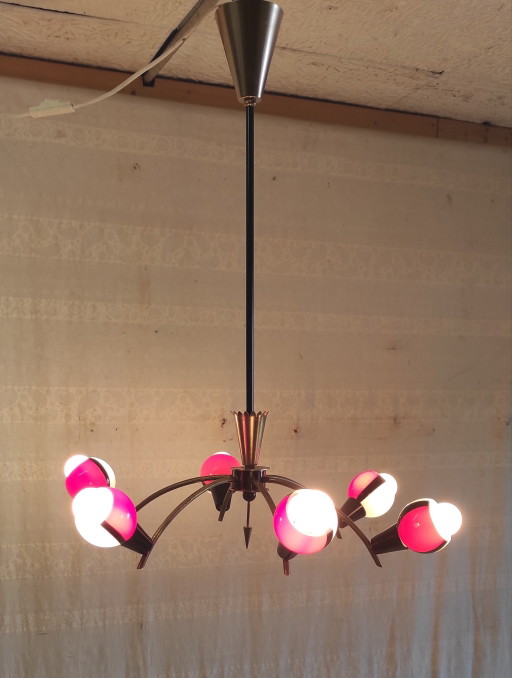 Lustre 6 feux stilnovo en laiton et nverre de murano - années 50
