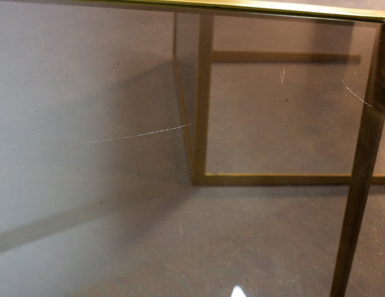 Image 1 of Elegant Hollywood Regency Minimalistic Solid Brass Side Tables with Smokey Glass Top by Vereinigte Werkstätten. Set of 2. 1970s.