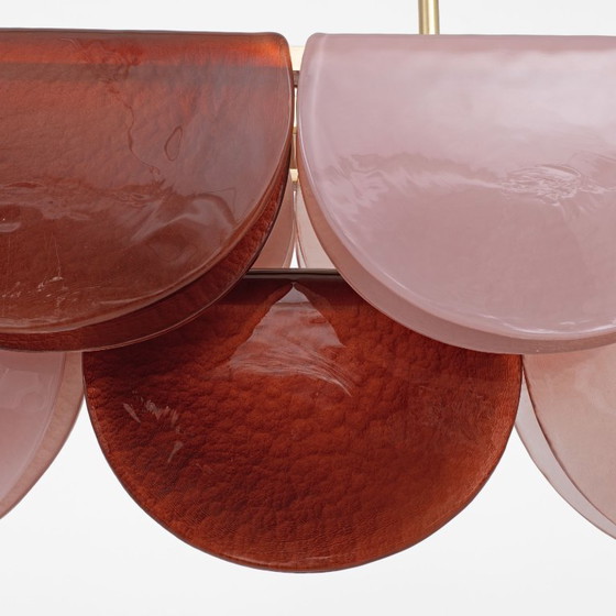 Image 1 of Lámpara de araña lineal modular italiana de cristal de Murano y latón en rosa y rojo.