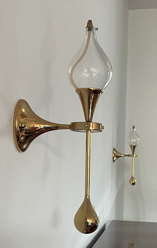 Lampade a olio in ottone di Freddie Andersen, Germania, 1970, con peso a perlina. Set di 2 candele "Clear Drops".