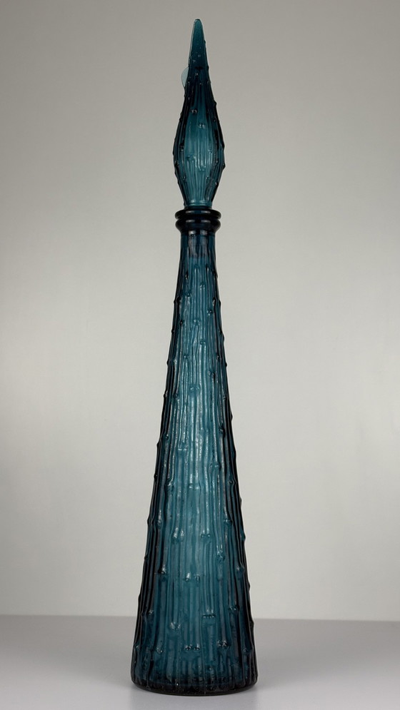 Image 1 of Vintage Empoli wax drip genie bottle with bamboo blue glass cap