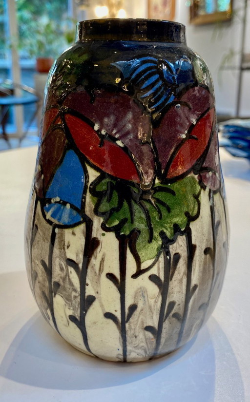Jarrón Art Déco Pintado a Mano – Carl Gebauer (Bürgel Germany, c. 1920-1930) – Decoración Floral