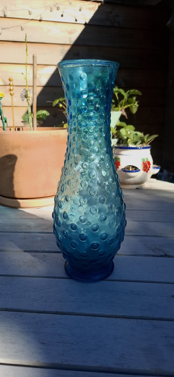 Image 1 of Vintage Empoli Hobnail Vaas Blauw Glas UV Reactief Italië 1960