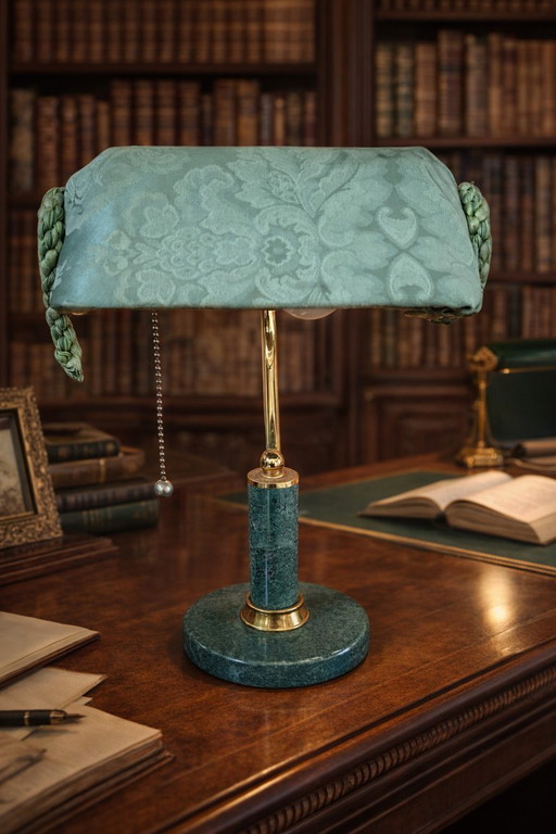 Vintage Desk Lamp in Green Marble and Brass, One-of-a-kind, Handcrafted, 1980s