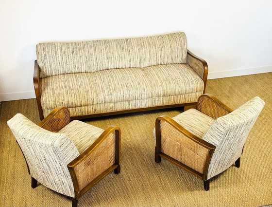 Image 1 of Vintage Art Deco woonkamerset van gebogen hout en riet, 1950, set van 3