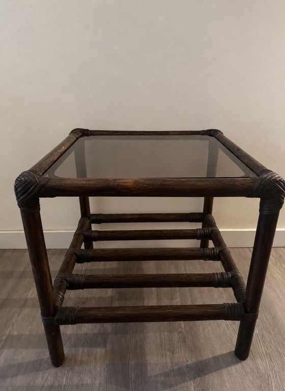 Table d'appoint vintage en rotin, Tables d'appoint, Verre, Marron (photo 5 sur 5)