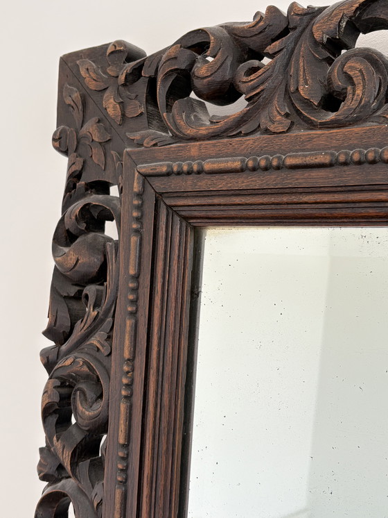 Image 1 of Antique Mirror With Facet And Floral Pattern Woodcarving