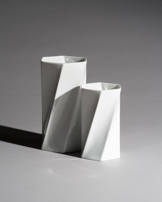Image 1 of Postmodern Minimalist Chic Twisted Rosenthal Glossy Porcelain Vase Duo Jan Vaart
