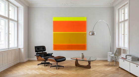XXL Neon Abstract | Oranje Goud Geel | Fluorescerend Kunst Kleurveld Schilderij | 140 × 140 cm Acrylglas (photo 3 of 5)
