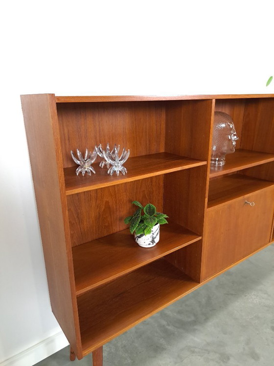 Image 1 of Danish teak wide LP cabinet with shelves, drawers and bar with mirror