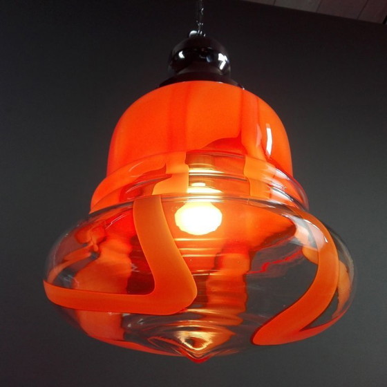 Image 1 of Lampada a sospensione a una luce Mazzega Murano anni '70 in vetro soffiato a mano e cromo.