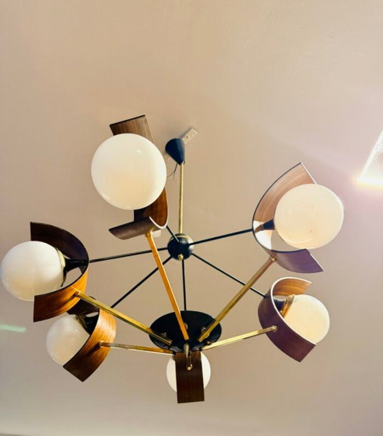 Rare Space Age / Mid-Century Chandelier, by Stilnovo Milano, Metal, Wood, White (photo 4 of 6)