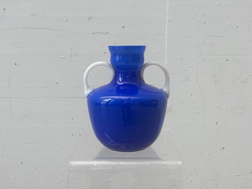 Handle vase made of blue opal glass by Opalina Fiorentina, Italy, 1960s