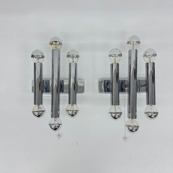 Image 1 of Paar Gaetano Sciolari Wandlampen Leuchter Chrom Rohr , 1970er Jahre