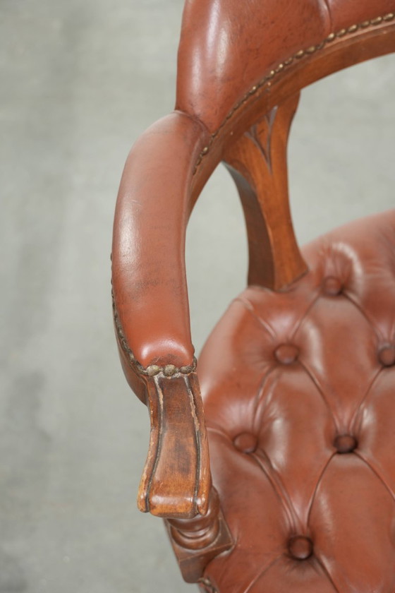 Image 1 of 2 x Swivel English Style Cowhide Leather Chesterfield Office Chairs in a Beautiful Brown Color