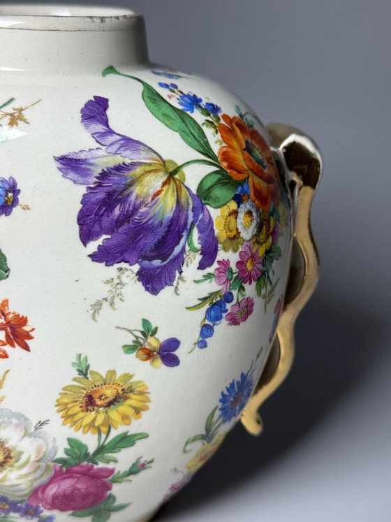 Boch Frères Keramis, Art Deco Vase, “Fleurs des Saxe” Decoration -Belgium, Ceramic, Gold (photo 8 of 15)