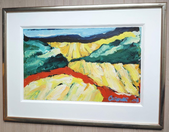 Jan Cremer - Paesaggio toscano, olio su carta spessa (splendidamente incorniciato, grande!), Dipinti e disegni (foto 4 di 7)