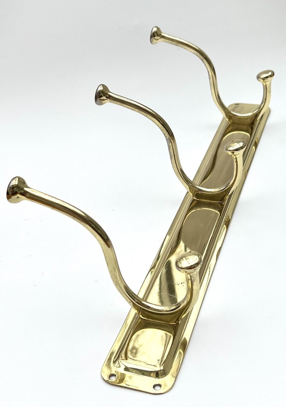 Image 1 of Perchero de pared de latón pulido con tres ganchos dobles, década de 1970-1980