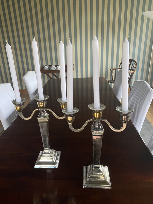 2 dreiarmige, versilberte Kerzenleuchter von Flamant, klassisches Modell