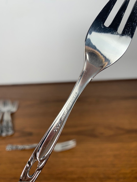 Image 1 of Set of 10+1 Japanese Stainless Steel Dessert Forks, Rose Pattern, 1970