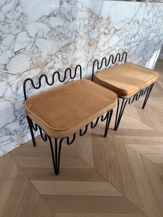 Two stools with black metal frame and ochre velvet seat, Design (photo 3 of 6)