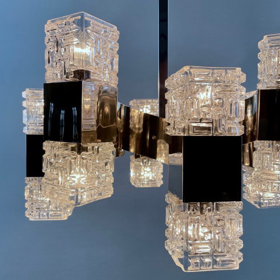 Image 1 of Italian 1970s Chandelier Attributed to Targetti, 16 Lights, Art Glass & Chrome Steel. Modernist Design